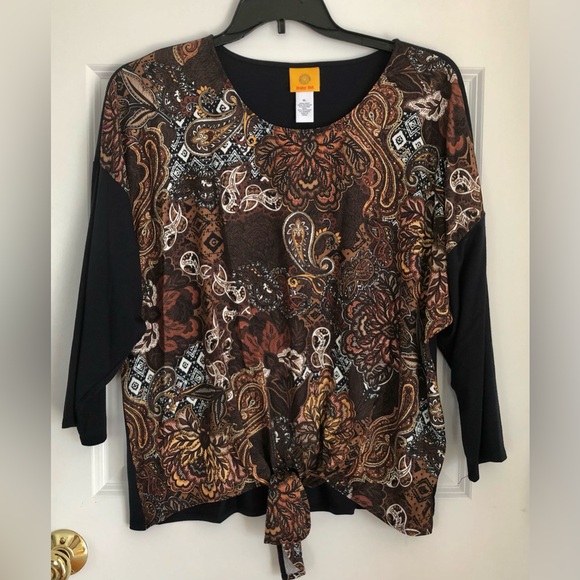 RUBY RD. WOMEN'S TOP WOMEN'S SIZE XL PAISLEY TIE FRONT KNIT 3/4 SLEEVES PULLOVER - Picture 1 of 8